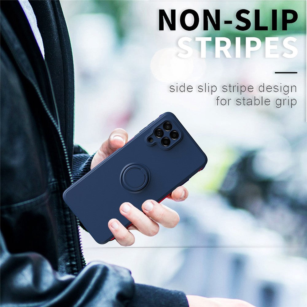 For Samsung Galaxy M53 5G Finger Ring Kickstand Design Anti-scratch Cover Liquid Silicone Cell Phone Protective Case - Black