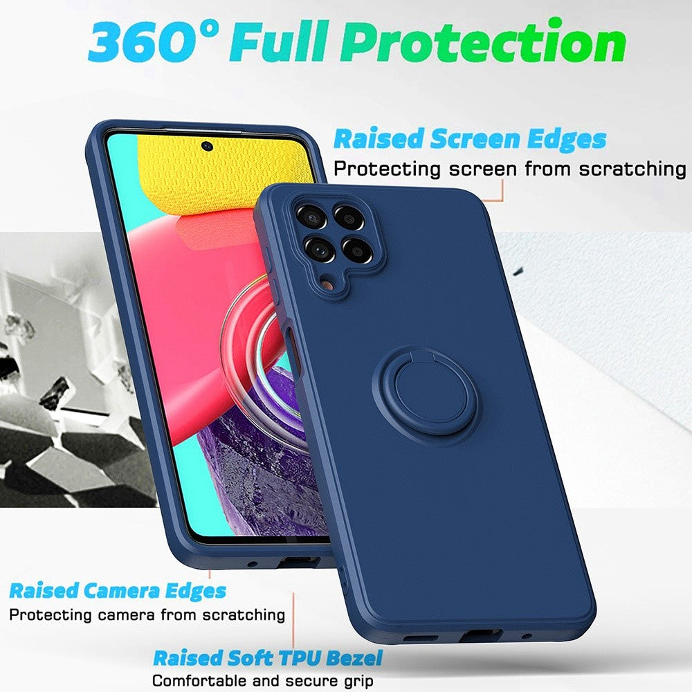 For Samsung Galaxy M53 5G Finger Ring Kickstand Design Anti-scratch Cover Liquid Silicone Cell Phone Protective Case - Black