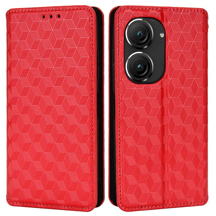 For Asus Zenfone 10 5G / 9 5G PU Leather Rhombus Pattern Imprinted Stand Case Auto Closing Magnetic Phone Wallet Cover - Red