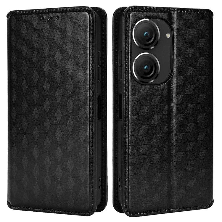 For Asus Zenfone 10 5G / 9 5G PU Leather Rhombus Pattern Imprinted Stand Case Auto Closing Magnetic Phone Wallet Cover - Black