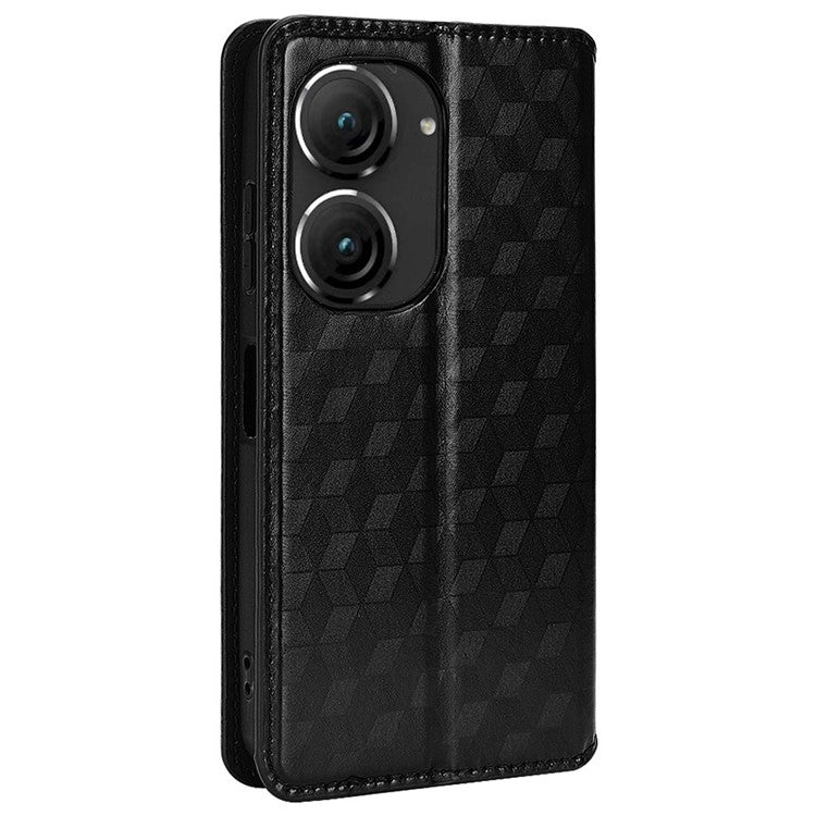 For Asus Zenfone 10 5G / 9 5G PU Leather Rhombus Pattern Imprinted Stand Case Auto Closing Magnetic Phone Wallet Cover - Black