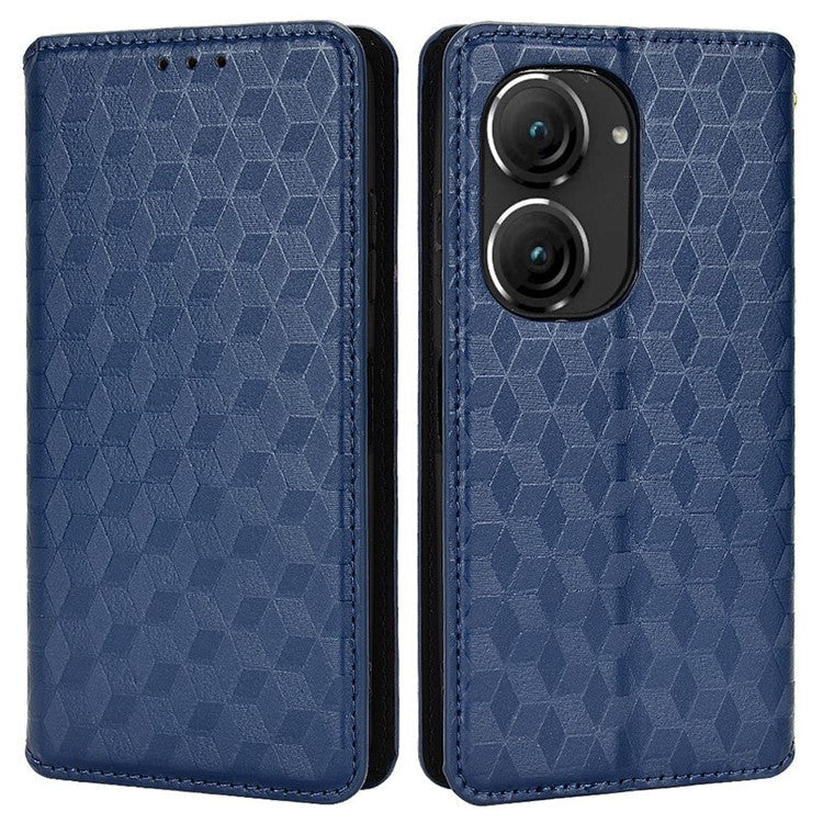 For Asus Zenfone 10 5G / 9 5G PU Leather Rhombus Pattern Imprinted Stand Case Auto Closing Magnetic Phone Wallet Cover - Blue