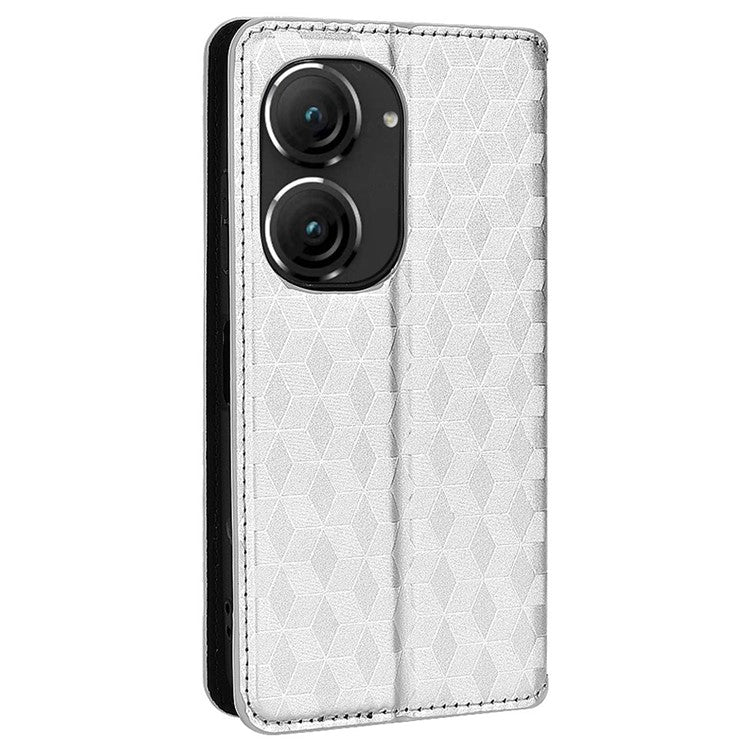 For Asus Zenfone 10 5G / 9 5G PU Leather Rhombus Pattern Imprinted Stand Case Auto Closing Magnetic Phone Wallet Cover - Silver