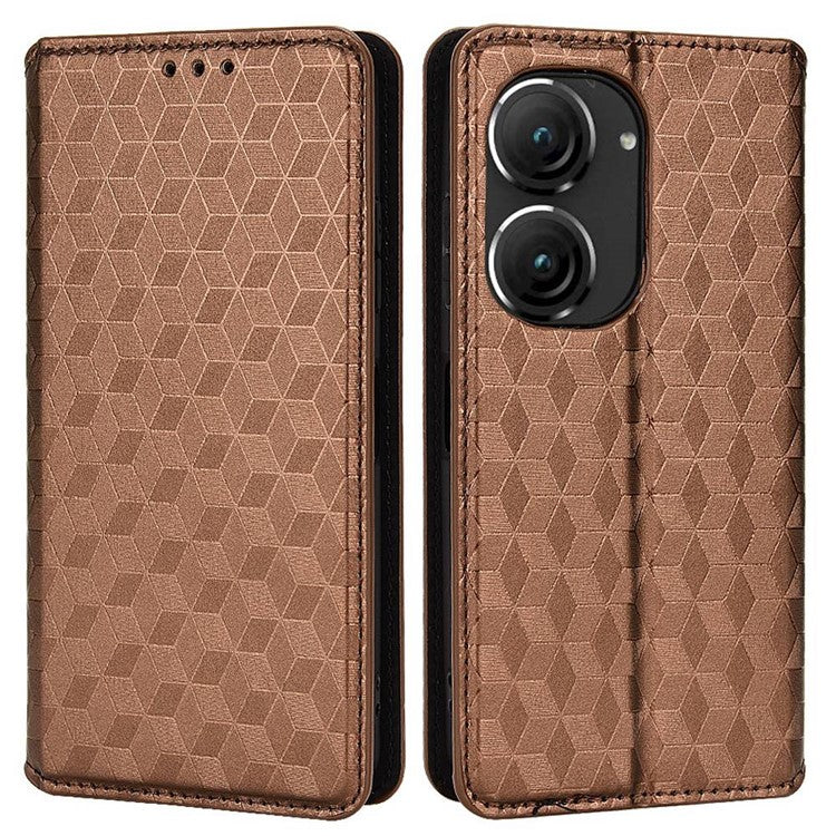 For Asus Zenfone 10 5G / 9 5G PU Leather Rhombus Pattern Imprinted Stand Case Auto Closing Magnetic Phone Wallet Cover - Brown