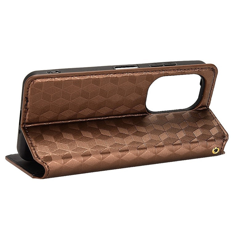 For Asus Zenfone 10 5G / 9 5G PU Leather Rhombus Pattern Imprinted Stand Case Auto Closing Magnetic Phone Wallet Cover - Brown