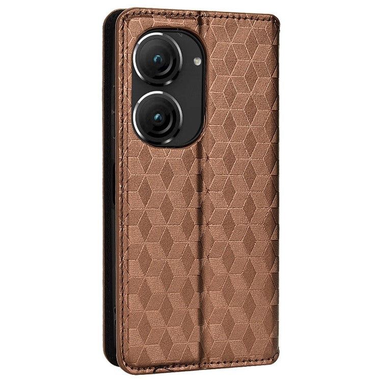 For Asus Zenfone 10 5G / 9 5G PU Leather Rhombus Pattern Imprinted Stand Case Auto Closing Magnetic Phone Wallet Cover - Brown