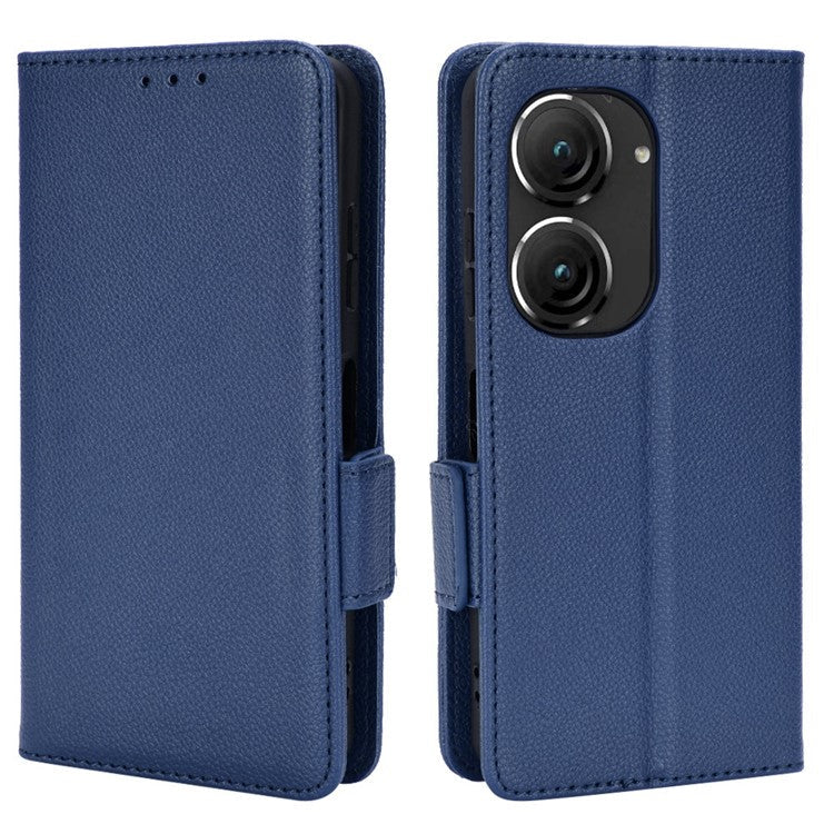 Litchi Texture Magnetic Clasp Phone Case for Asus Zenfone 10 5G / 9 5G PU Leather Foldable Stand Wallet Anti-drop Cover - Dark Blue