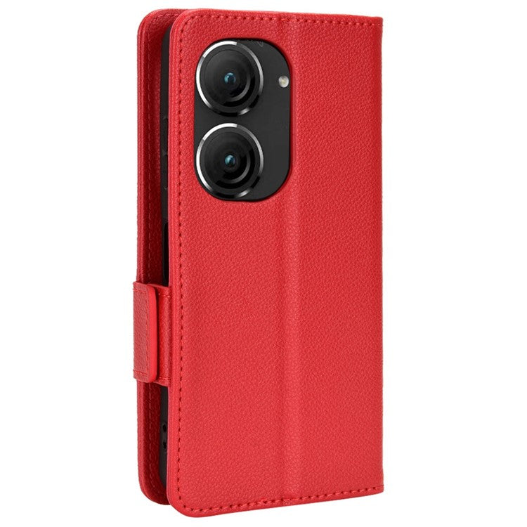 Litchi Texture Magnetic Clasp Phone Case for Asus Zenfone 10 5G / 9 5G PU Leather Foldable Stand Wallet Anti-drop Cover - Red