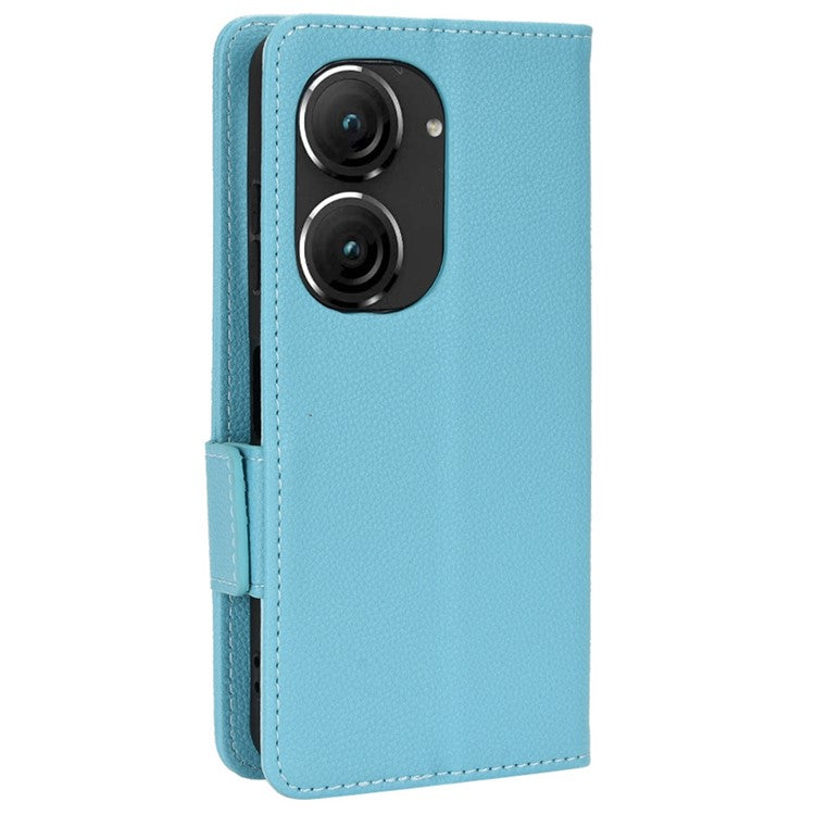 Litchi Texture Magnetic Clasp Phone Case for Asus Zenfone 10 5G / 9 5G PU Leather Foldable Stand Wallet Anti-drop Cover - Baby Blue