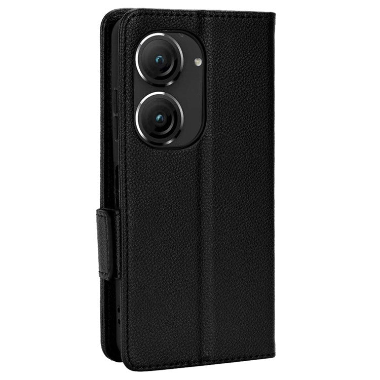 Litchi Texture Magnetic Clasp Phone Case for Asus Zenfone 10 5G / 9 5G PU Leather Foldable Stand Wallet Anti-drop Cover - Black
