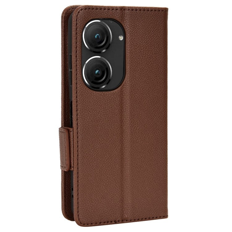 Litchi Texture Magnetic Clasp Phone Case for Asus Zenfone 10 5G / 9 5G PU Leather Foldable Stand Wallet Anti-drop Cover - Brown