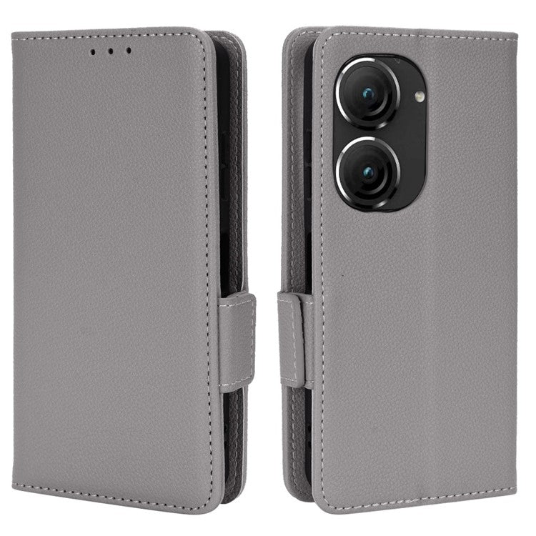 Litchi Texture Magnetic Clasp Phone Case for Asus Zenfone 10 5G / 9 5G PU Leather Foldable Stand Wallet Anti-drop Cover - Grey
