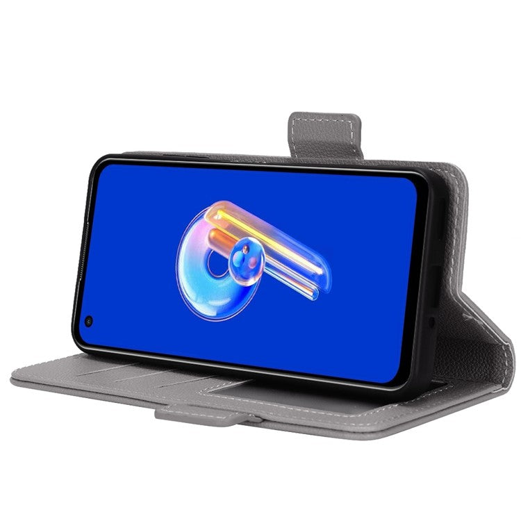 Litchi Texture Magnetic Clasp Phone Case for Asus Zenfone 10 5G / 9 5G PU Leather Foldable Stand Wallet Anti-drop Cover - Grey