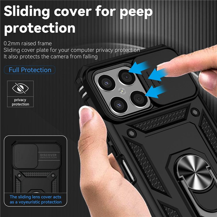 Slide Camera Protector Phone Case for Honor X8 4G 4G, PC + TPU Metal Ring Kickstand Hybrid Cover - Black