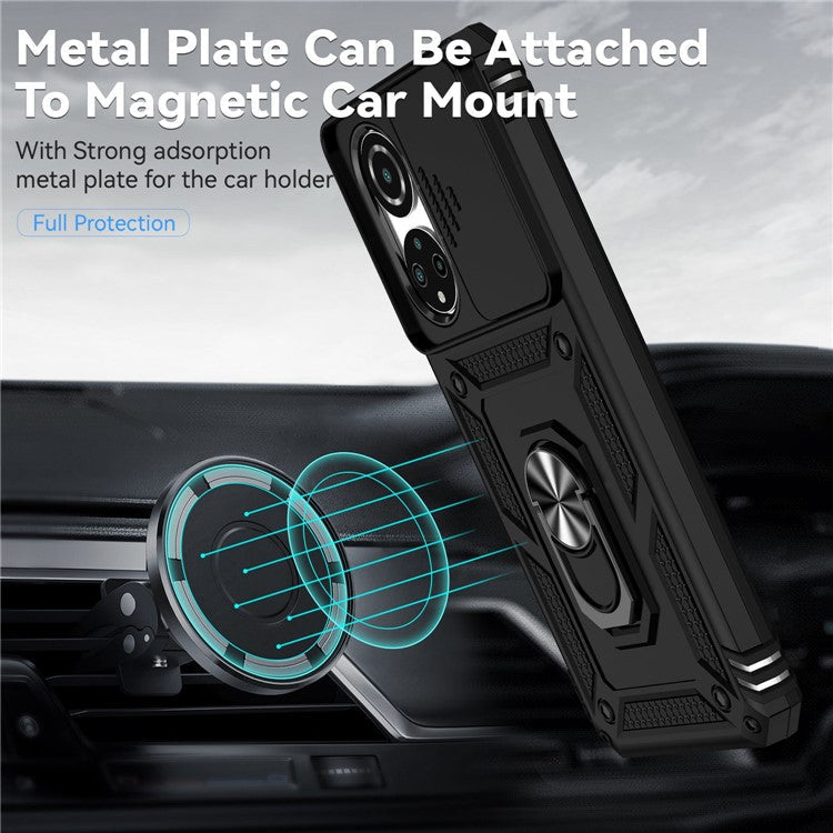 For Honor X7 4G Hard PC + Soft TPU Phone Case with Metal Ring Kickstand and Slide Camera Protector - Black