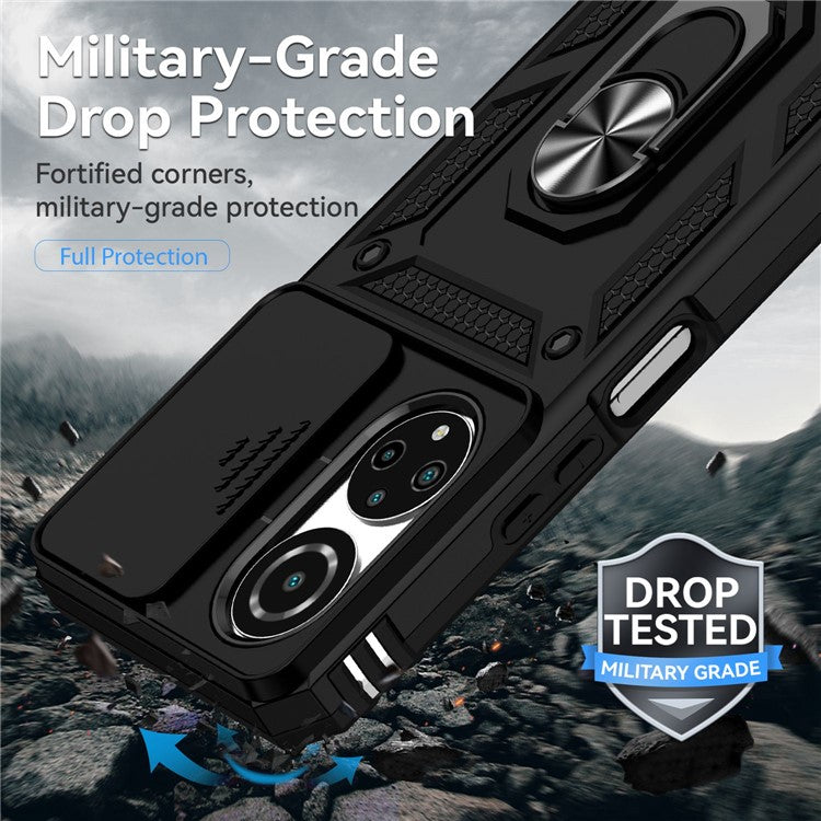 For Honor X7 4G Hard PC + Soft TPU Phone Case with Metal Ring Kickstand and Slide Camera Protector - Black