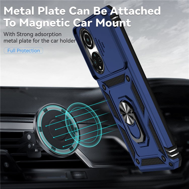 For Honor X7 4G Hard PC + Soft TPU Phone Case with Metal Ring Kickstand and Slide Camera Protector - Blue