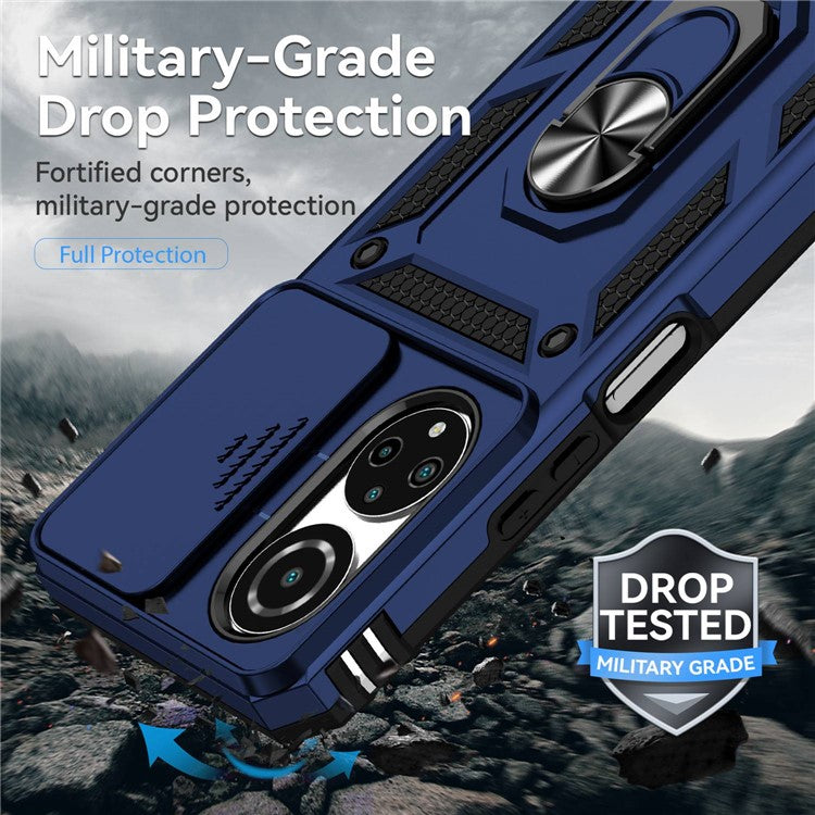 For Honor X7 4G Hard PC + Soft TPU Phone Case with Metal Ring Kickstand and Slide Camera Protector - Blue