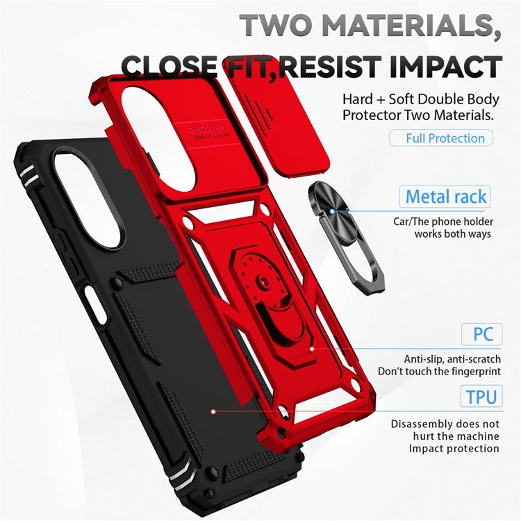 For Honor X7 4G Hard PC + Soft TPU Phone Case with Metal Ring Kickstand and Slide Camera Protector - Red