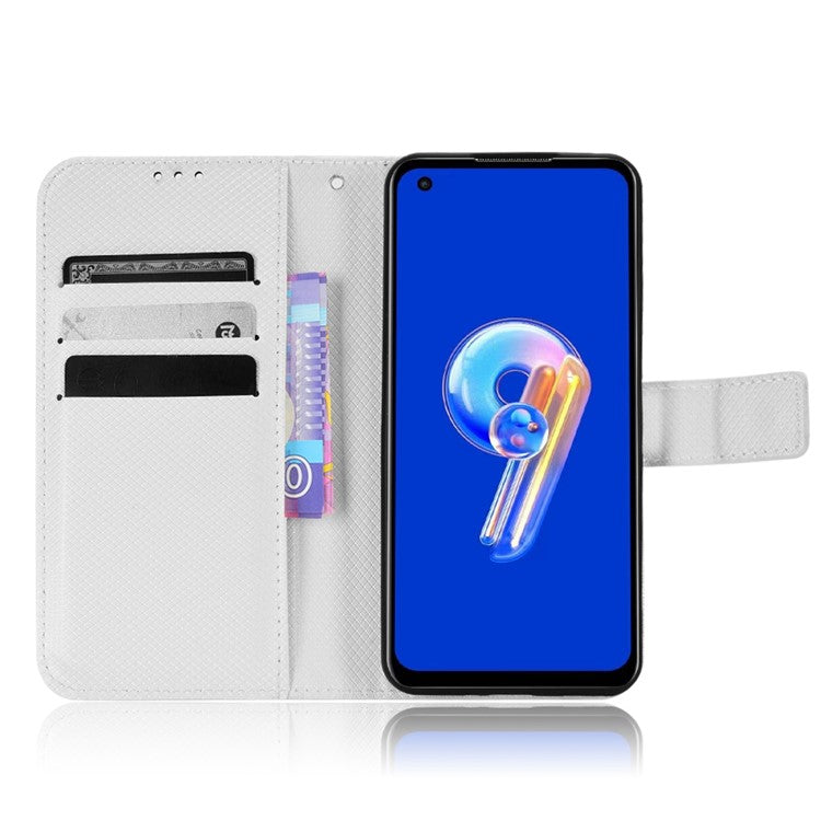 For Asus Zenfone 10 5G / 9 5G Diamond Texture Phone Flip Wallet Case Anti-shock Scratch-resistant PU Leather Cell Phone Cover with Strap - White