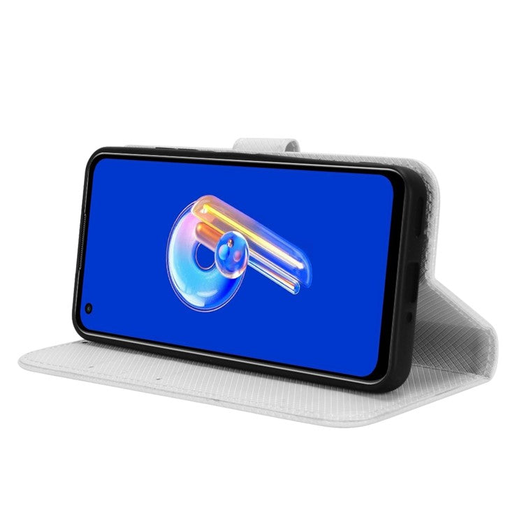 For Asus Zenfone 10 5G / 9 5G Diamond Texture Phone Flip Wallet Case Anti-shock Scratch-resistant PU Leather Cell Phone Cover with Strap - White