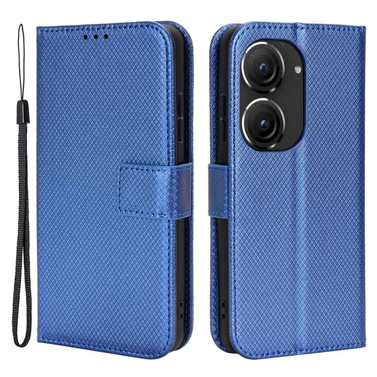 For Asus Zenfone 10 5G / 9 5G Diamond Texture Phone Flip Wallet Case Anti-shock Scratch-resistant PU Leather Cell Phone Cover with Strap - Blue