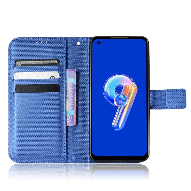 For Asus Zenfone 10 5G / 9 5G Diamond Texture Phone Flip Wallet Case Anti-shock Scratch-resistant PU Leather Cell Phone Cover with Strap - Blue