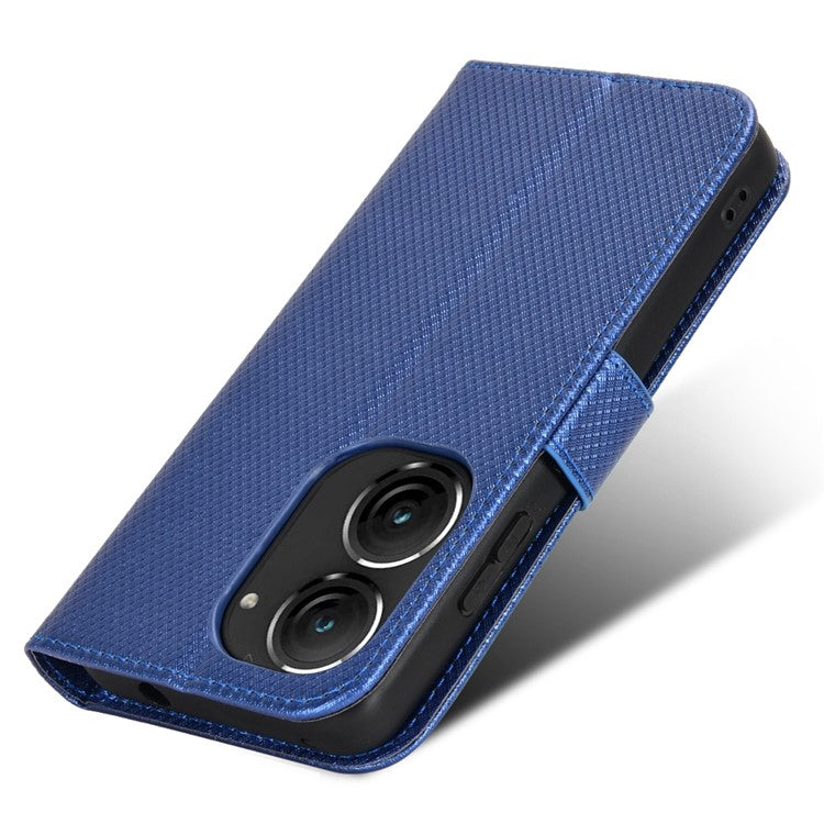 For Asus Zenfone 10 5G / 9 5G Diamond Texture Phone Flip Wallet Case Anti-shock Scratch-resistant PU Leather Cell Phone Cover with Strap - Blue