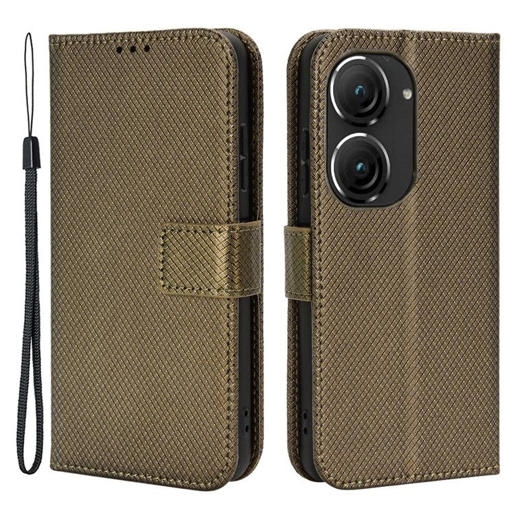 For Asus Zenfone 10 5G / 9 5G Diamond Texture Phone Flip Wallet Case Anti-shock Scratch-resistant PU Leather Cell Phone Cover with Strap - Brown