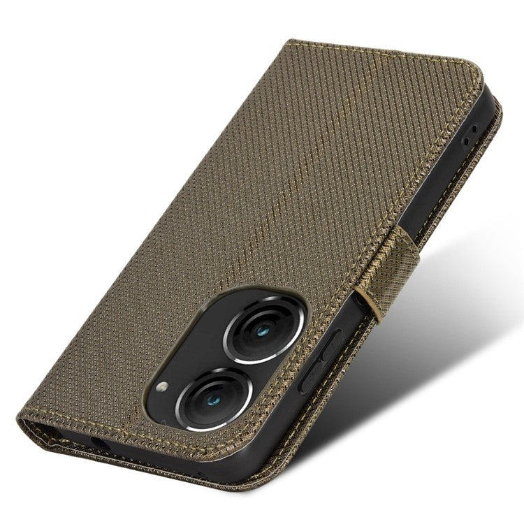 For Asus Zenfone 10 5G / 9 5G Diamond Texture Phone Flip Wallet Case Anti-shock Scratch-resistant PU Leather Cell Phone Cover with Strap - Brown