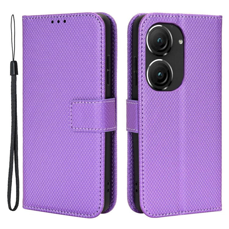 For Asus Zenfone 10 5G / 9 5G Diamond Texture Phone Flip Wallet Case Anti-shock Scratch-resistant PU Leather Cell Phone Cover with Strap - Purple
