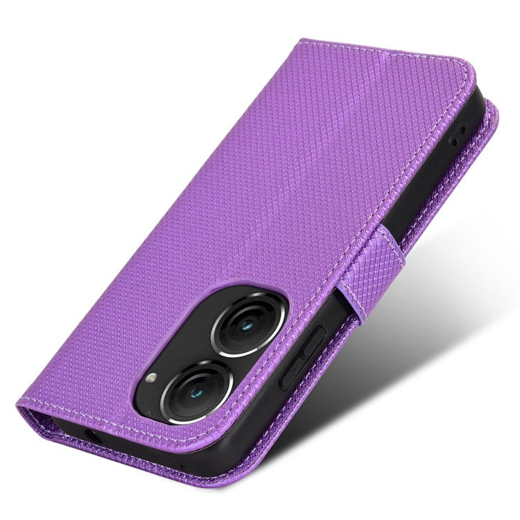 For Asus Zenfone 10 5G / 9 5G Diamond Texture Phone Flip Wallet Case Anti-shock Scratch-resistant PU Leather Cell Phone Cover with Strap - Purple