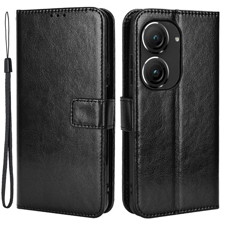 For Asus Zenfone 10 5G / 9 5G Anti-scratch Crazy Horse Texture Phone Case Stand TPU+PU Leather Wallet Protective Shell with Strap - Black