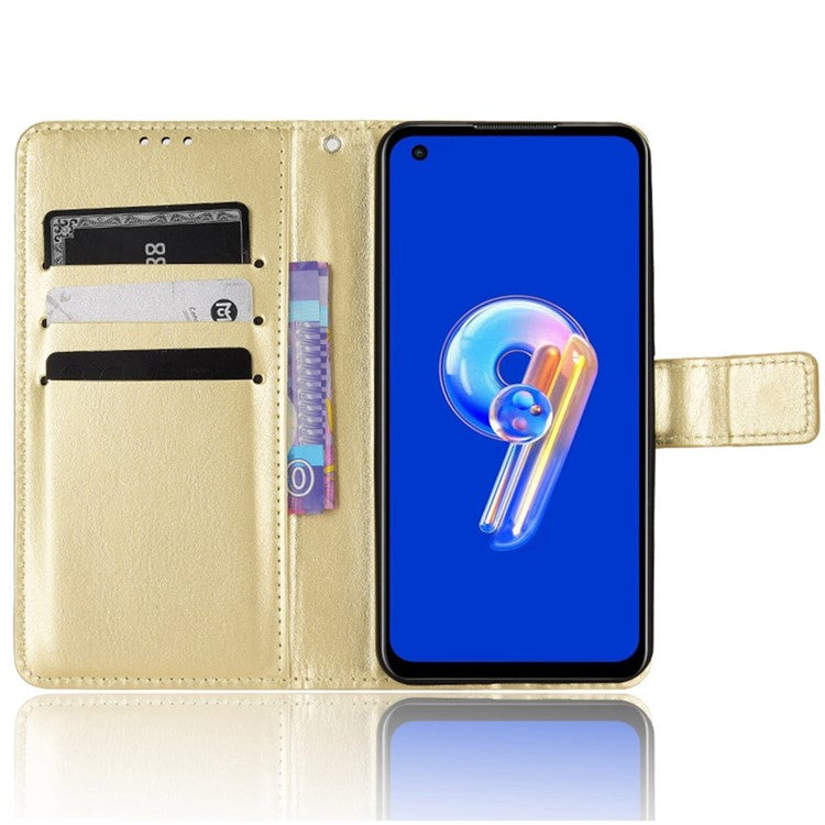 For Asus Zenfone 10 5G / 9 5G Anti-scratch Crazy Horse Texture Phone Case Stand TPU+PU Leather Wallet Protective Shell with Strap - Gold