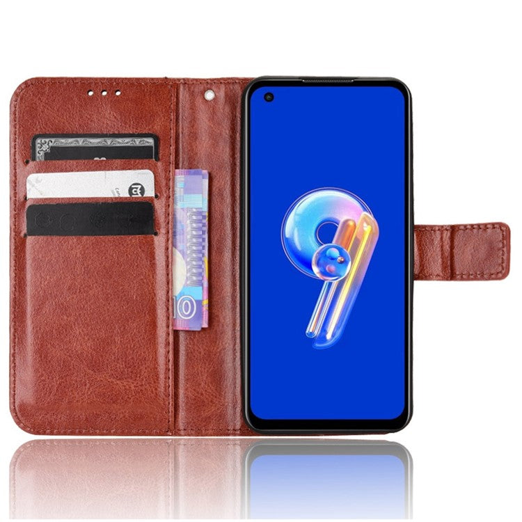 For Asus Zenfone 10 5G / 9 5G Anti-scratch Crazy Horse Texture Phone Case Stand TPU+PU Leather Wallet Protective Shell with Strap - Brown