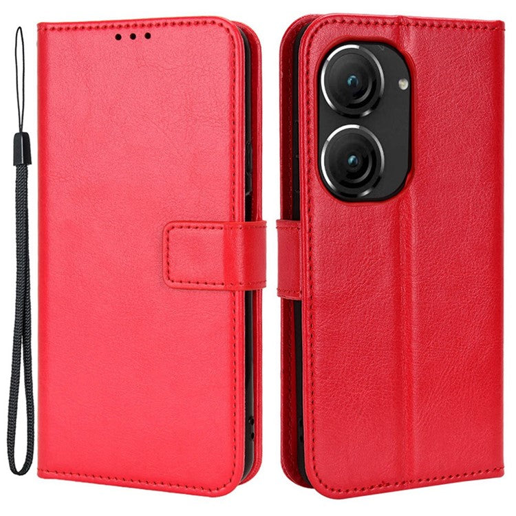 For Asus Zenfone 10 5G / 9 5G Anti-scratch Crazy Horse Texture Phone Case Stand TPU+PU Leather Wallet Protective Shell with Strap - Red