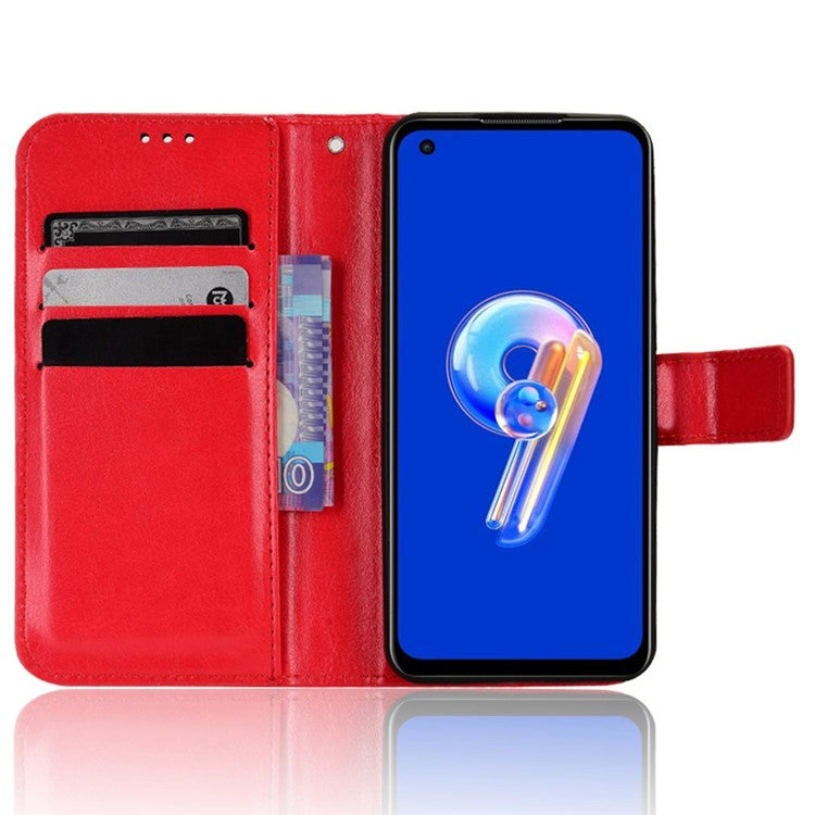 For Asus Zenfone 10 5G / 9 5G Anti-scratch Crazy Horse Texture Phone Case Stand TPU+PU Leather Wallet Protective Shell with Strap - Red