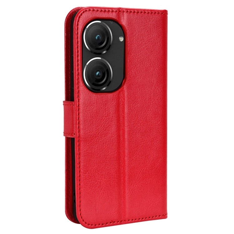 For Asus Zenfone 10 5G / 9 5G Anti-scratch Crazy Horse Texture Phone Case Stand TPU+PU Leather Wallet Protective Shell with Strap - Red
