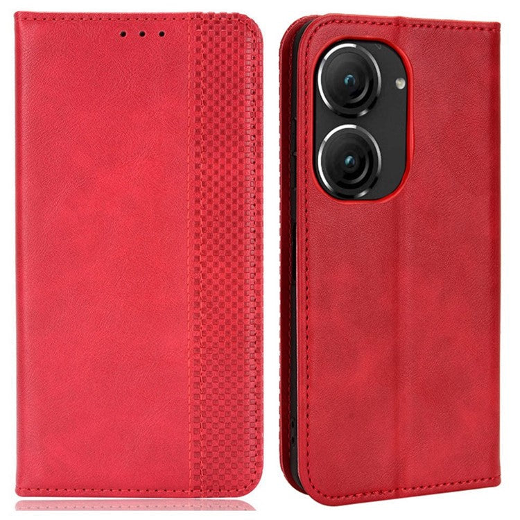 For Asus Zenfone 10 5G / 9 5G Vintage PU Leather Shockproof Mobile Phone Case Stand Auto Absorbed Shell with Wallet - Red