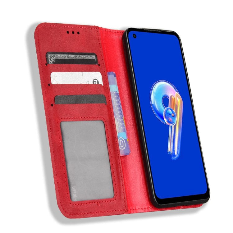 For Asus Zenfone 10 5G / 9 5G Vintage PU Leather Shockproof Mobile Phone Case Stand Auto Absorbed Shell with Wallet - Red