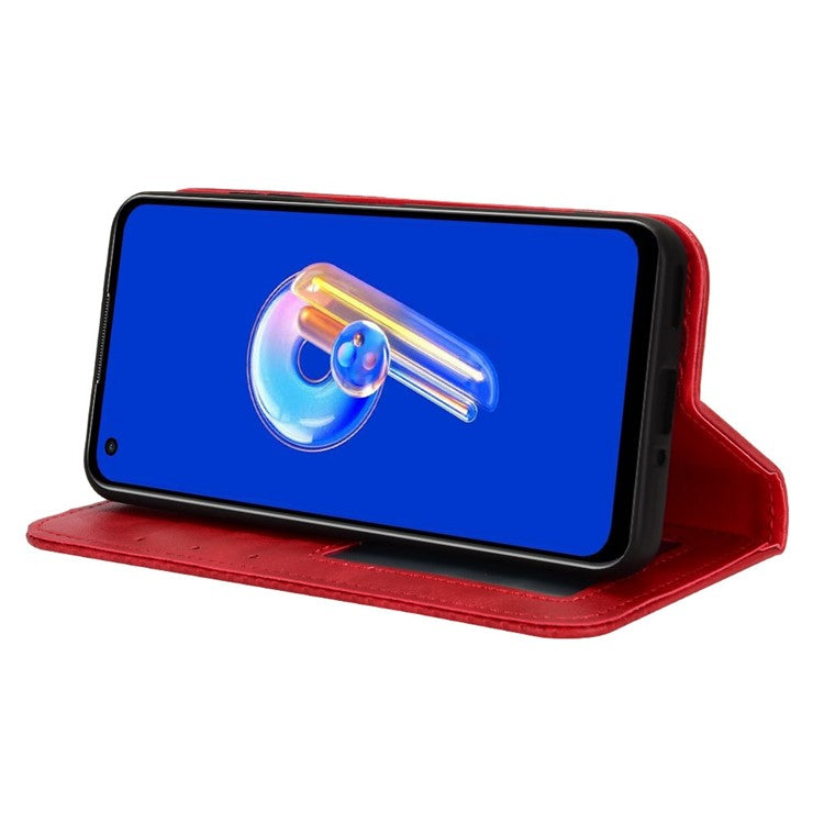 For Asus Zenfone 10 5G / 9 5G Vintage PU Leather Shockproof Mobile Phone Case Stand Auto Absorbed Shell with Wallet - Red