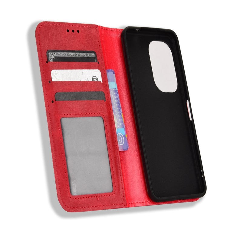 For Asus Zenfone 10 5G / 9 5G Vintage PU Leather Shockproof Mobile Phone Case Stand Auto Absorbed Shell with Wallet - Red