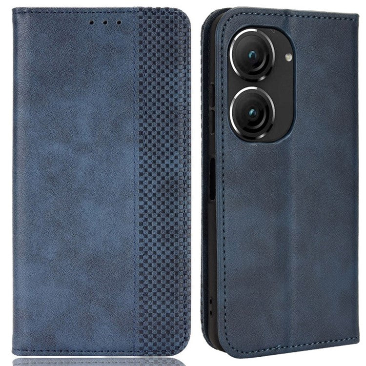 For Asus Zenfone 10 5G / 9 5G Vintage PU Leather Shockproof Mobile Phone Case Stand Auto Absorbed Shell with Wallet - Blue