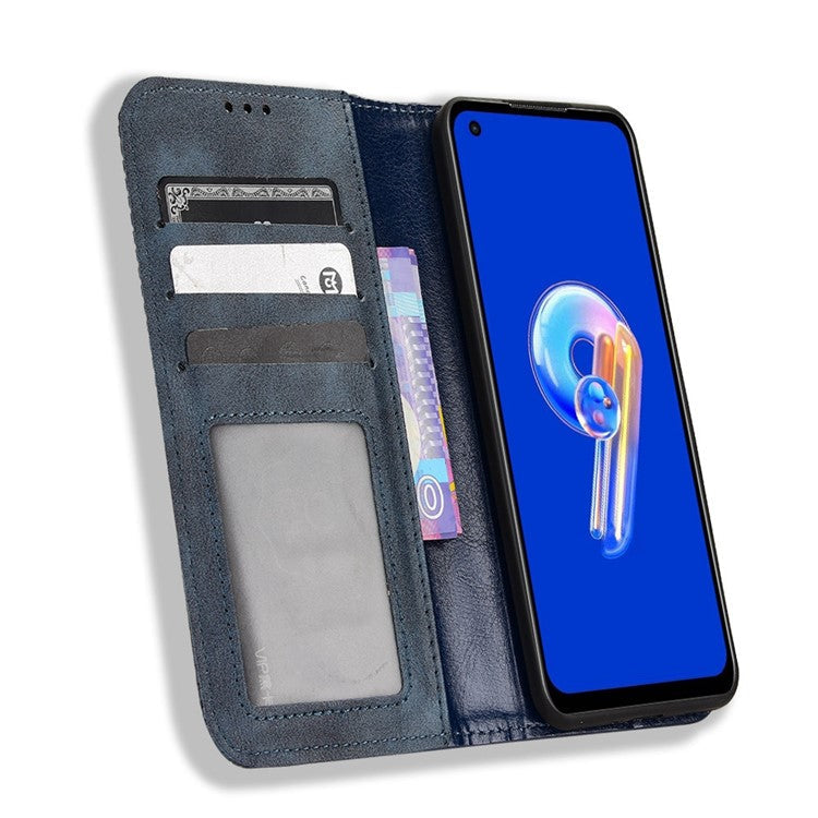 For Asus Zenfone 10 5G / 9 5G Vintage PU Leather Shockproof Mobile Phone Case Stand Auto Absorbed Shell with Wallet - Blue