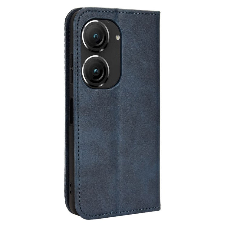 For Asus Zenfone 10 5G / 9 5G Vintage PU Leather Shockproof Mobile Phone Case Stand Auto Absorbed Shell with Wallet - Blue