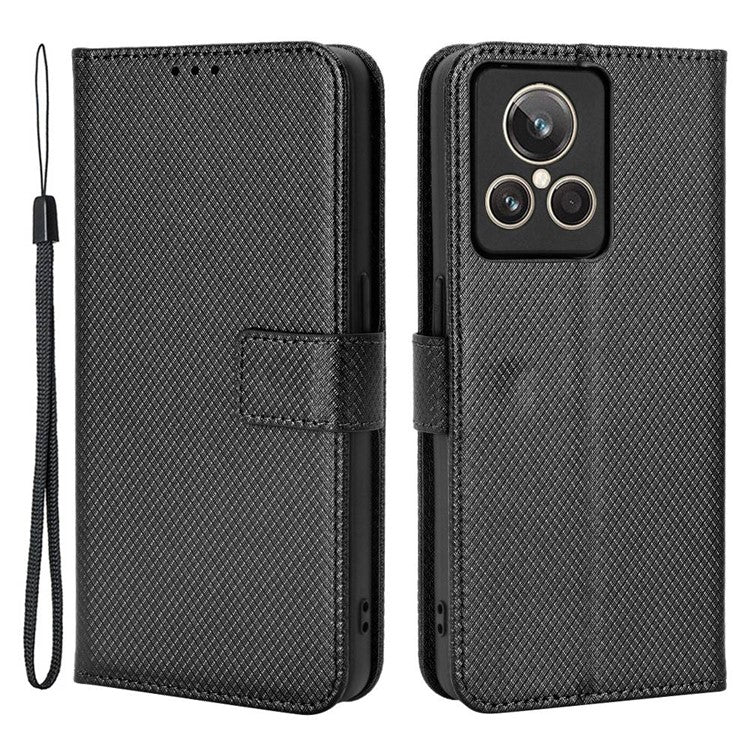 For Realme GT2 Explorer Master 5G Anti-drop Diamond Texture PU Leather Phone Case Wallet Stand Protective Phone Shell with Strap - Black