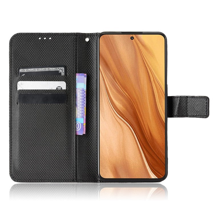 For Realme GT2 Explorer Master 5G Anti-drop Diamond Texture PU Leather Phone Case Wallet Stand Protective Phone Shell with Strap - Black