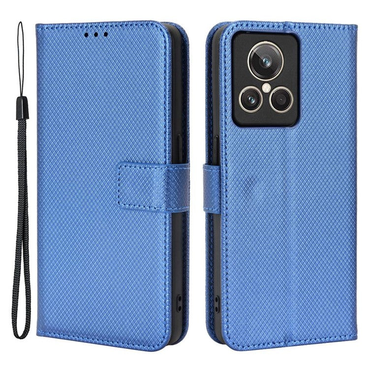 For Realme GT2 Explorer Master 5G Anti-drop Diamond Texture PU Leather Phone Case Wallet Stand Protective Phone Shell with Strap - Blue
