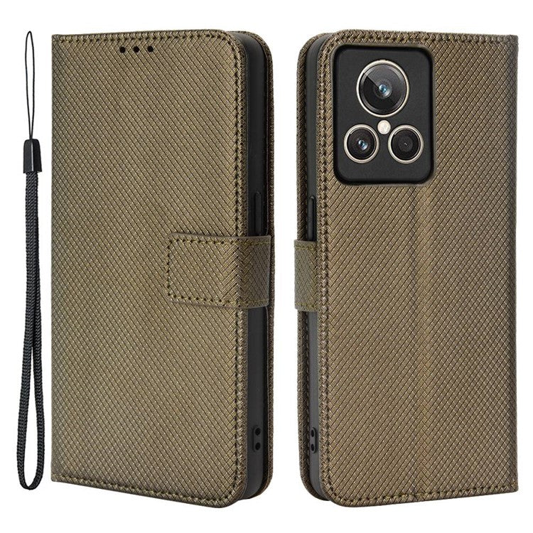 For Realme GT2 Explorer Master 5G Anti-drop Diamond Texture PU Leather Phone Case Wallet Stand Protective Phone Shell with Strap - Brown