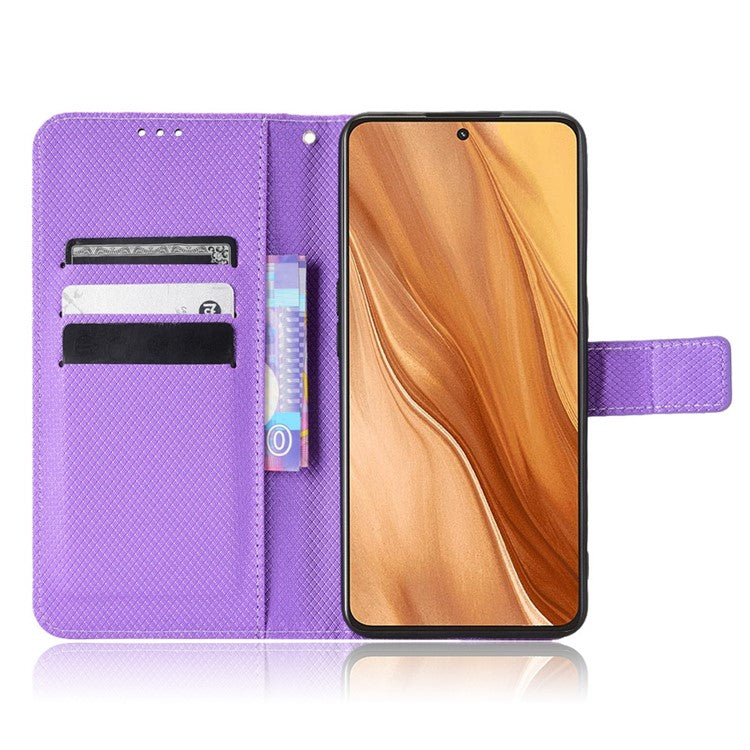 For Realme GT2 Explorer Master 5G Anti-drop Diamond Texture PU Leather Phone Case Wallet Stand Protective Phone Shell with Strap - Purple
